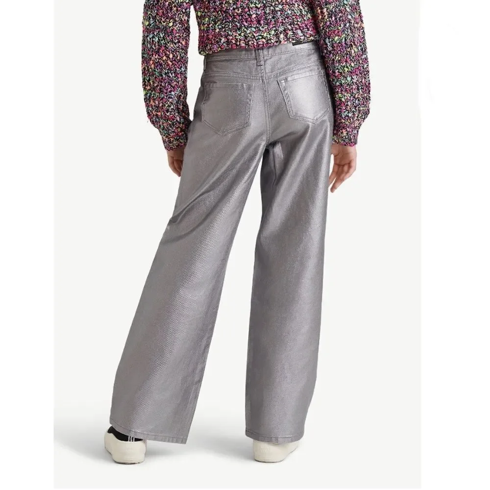 Girls Wide Leg Silver Denim Pleather Pants Size 12